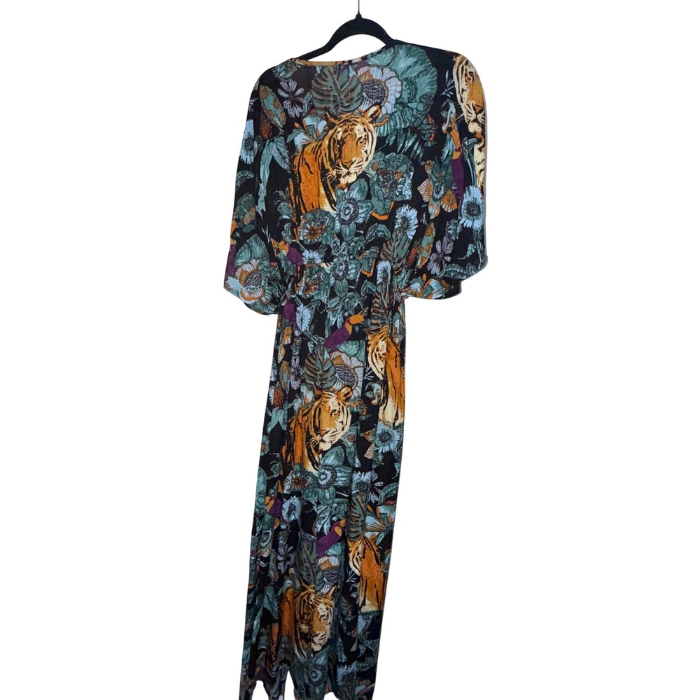 World Market Tiger Tropical Print Maxi Dress L/XL Kimono Sleeve Boho Jungle - Picture 3 of 5